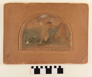 Semicircular Watercolor on Board of a Nude Woman on the Bank of a Stream